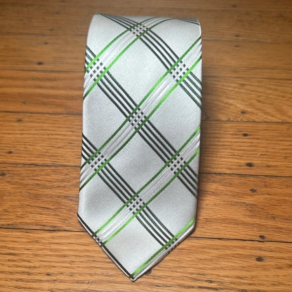 Express Silver and Green Checkered Silk Tie